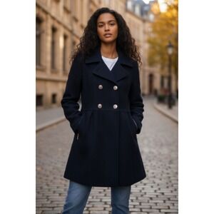 Liz Claiborne Navy Blue Wool Blend Pea Coat‎ Fit Flare Double Breasted Small NWT